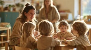 Praxisanleiterin beobachtet Kinder beim gemeinsamen Frühstück in der Kita